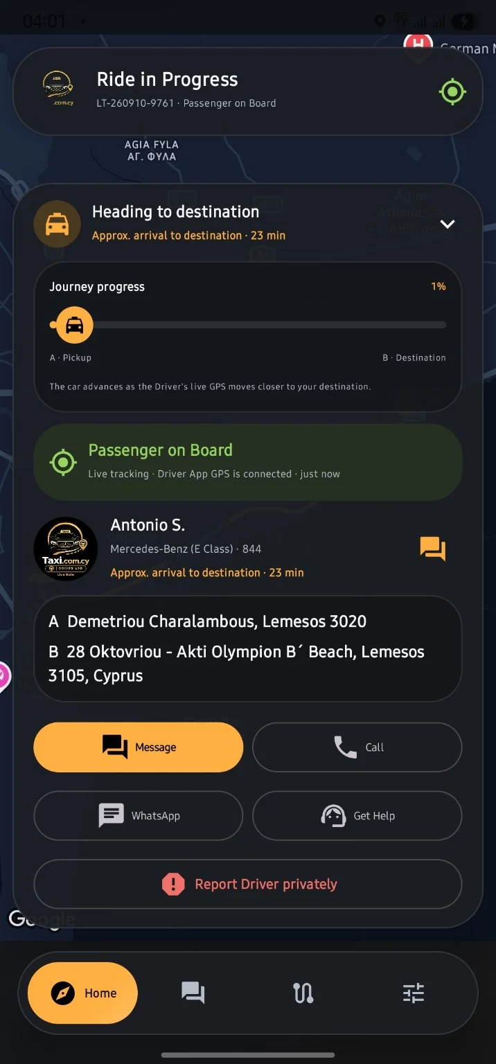 Passenger beta screenshot showing live journey progress and driver contact options